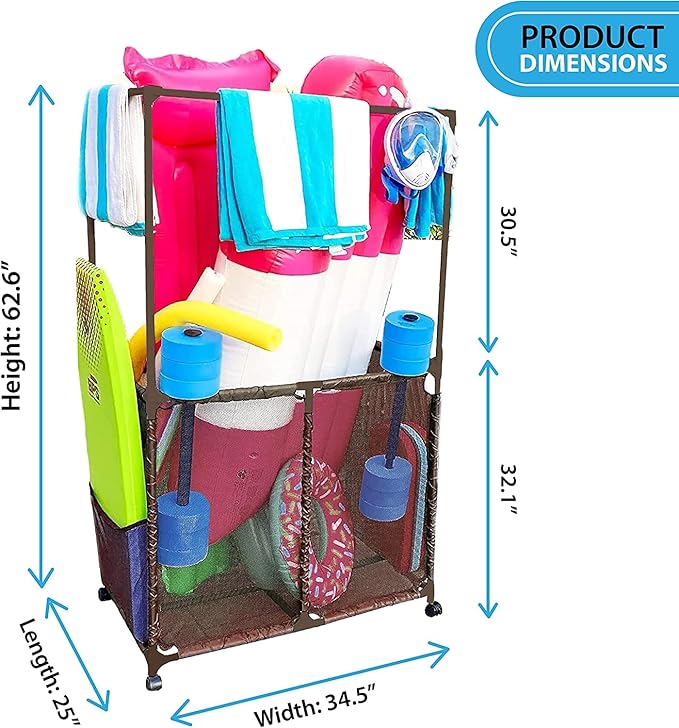Pool Equipment Holder with Towel Drying Bars, Mesh Rolling Multi Use Storage Organizer Bin, Large Towel Hanger (25" L x 34.5" W x 62.6" H), Brown