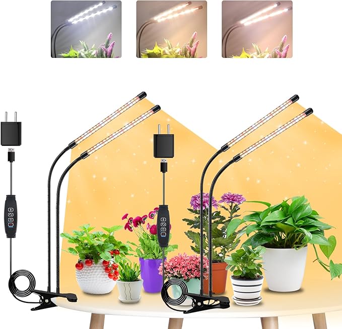SDOVUERC Grow Lights for Indoor Plants, 4 Heads Full Spectrum LED Plant Lamps with Clips and 10 Feet Cables for Seeding Growing(2 Pack)