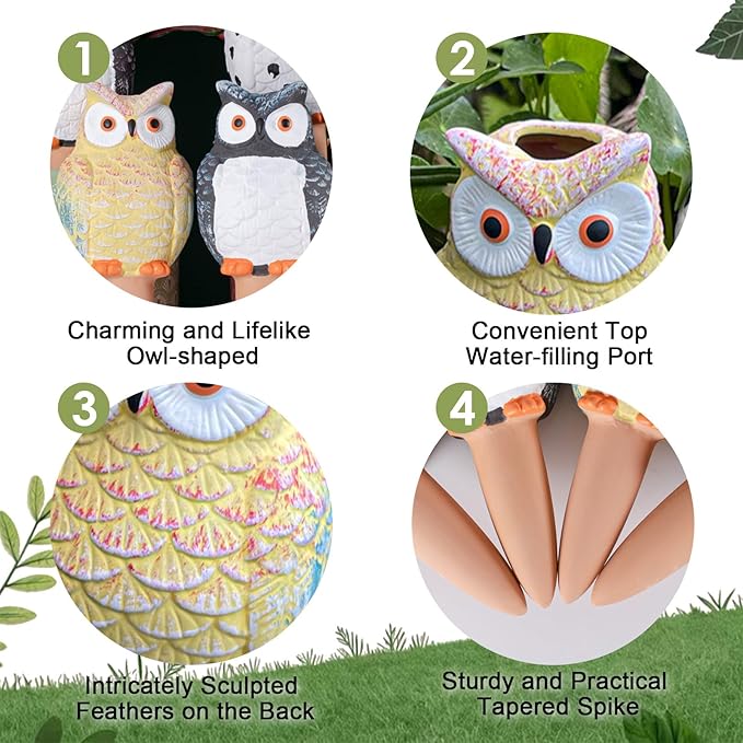MCleanPin 4 Pack Self Watering Spikes and Globes, Handmade Terracotta Owl Self-Watering Plant Devices with Slow Release System, Automatic Water Bulbs for Indoor and Outdoor Garden Pots Vacation
