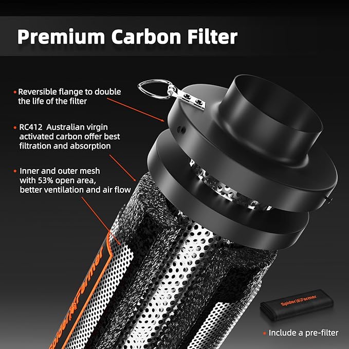 Spider Farmer 4 Inch Air Carbon Filrer Smelliness Control with Premium Australia Virgin Charcoal for Inline Duct Fan, Grow Tent Odor Control, Hydroponics, Pre-Filter Included, Reversible Flange