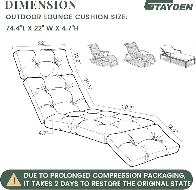 Outdoor Lounge Chair Cushions, Chaise Lounge Chair Cushions Replacement for Patio Furniture with Ties Waterproof Fabric Pool Chasie Cushion 74.4 x 22 x 4.7 Inches (White)