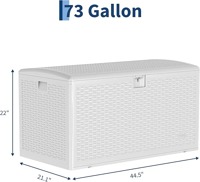 73 Gallon Waterproof Large Resin Deck Box Indoor Outdoor, Lockable Storage Container for Patio Furniture Cushions, Throw Pillows, Garden Tools, and Pool Floats, White