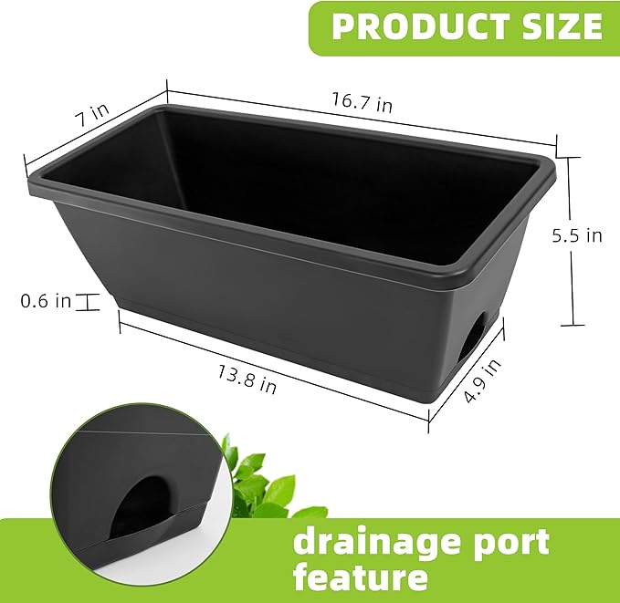 LOCONHA Window Box Planter, 7 Pack Plastic Vegetable Flower Planters Boxes 17 Inches Rectangular Flower Pots with Saucers for Indoor Outdoor Garden, Patio, Home Decor