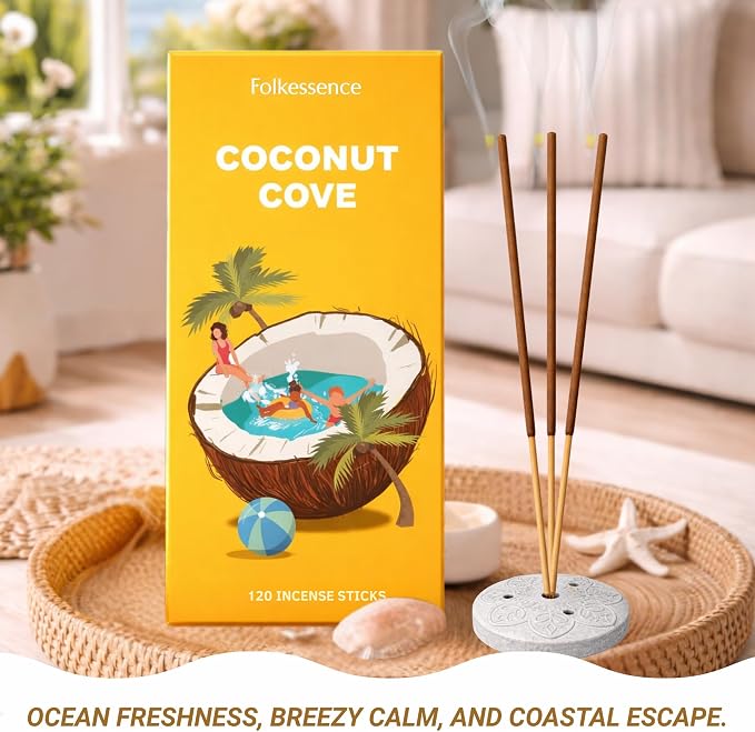 Folkulture Incense Sticks (120 Sticks) | Coconut Summer Vibes Incense for Meditation, Aromatherapy & Stress Relief| Long Burning, Charcoal-Free, Non-Toxic Incense for Summer Teacher Gifts
