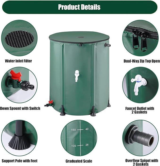 THUNDERBAY 53 Gallon Collapsible Rain Barrel, Portable Rain Barrels to Collect Rainwater from Gutter, Rainwater Collection System, Water Storage Tank Catcher Container with Filter Spigot