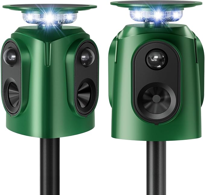 360° Solar Ultrasonic Animal Repellent Outdoor, 2 Pack Deer Repellent Devices with Motion Sensor, IP65 Waterproof Cat Deterrent for Yard, Effective Repel Squirrel, Rabbit, Dog - Green