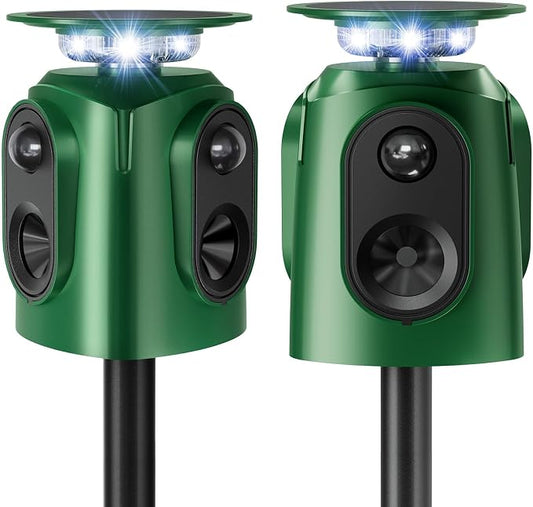 360° Solar Ultrasonic Animal Repellent Outdoor, 2 Pack Deer Repellent Devices with Motion Sensor, IP65 Waterproof Cat Deterrent for Yard, Effective Repel Squirrel, Rabbit, Dog - Green