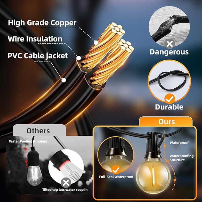 Solar Lights Outdoor Waterproof: G40 30M 100FT Shatterproof Bulbs Patio Lights - Solar Powered 3 Light Modes Solar Light - Camping Backyard Garden Deck Outside Yard