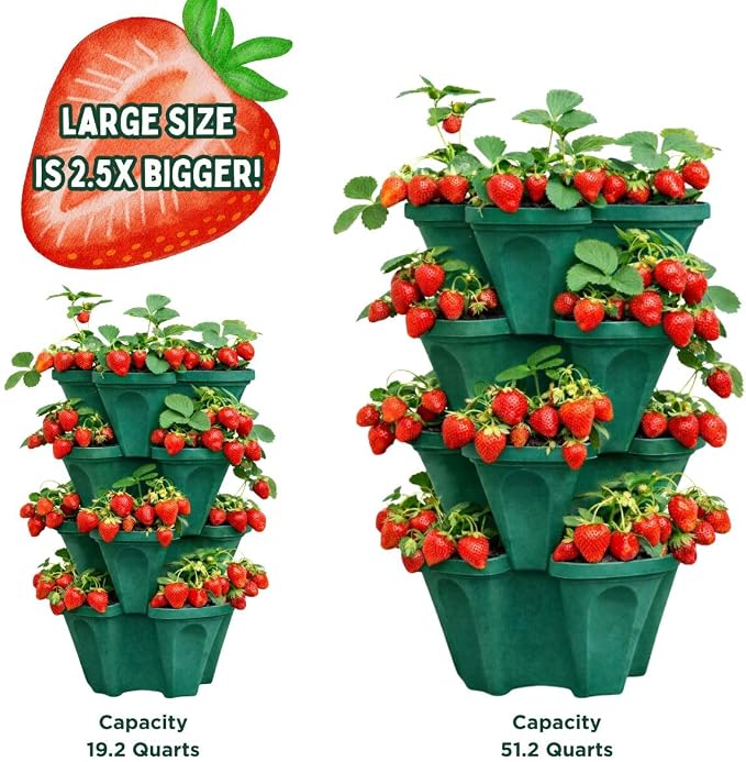 Large Vertical Planter Tower – 4 Tier Stackable Garden Planter, 16 Plant Sites, Commercial Grade Strawberry Planter, Heavy Duty Vertical Growing System with Center Support Hole (Deep Forest, Large)