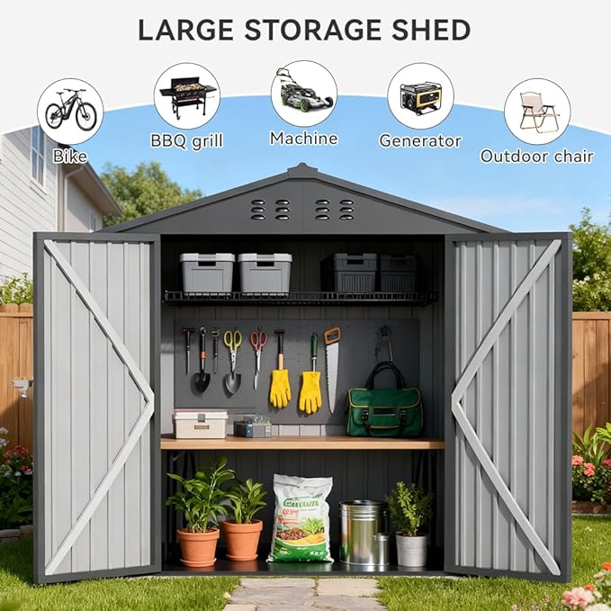 COMHOMA Shed Storage Outdoor Metal Windowed Lockable Solar Motion Light Adjustable Weatherproof Ventilated Backyard Garden Utility Workshop(Grey,6'*4')