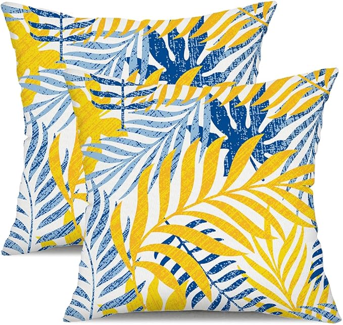 Allorry Outdoor Pillow Covers 16x16 Set of 2 Hawaii Tropics Palm Leaves Blue Yellow Floral Pattern Decoration Pillow Covers for Spring Summer Outdoor Waterproof Garden Patio Sofa Bed Decor JB010-D16