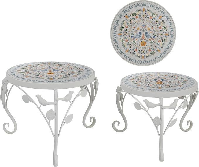 Rustic Metal Plant Stand Set of 2 Indoor & Outdoor Round Ceramic Top Mosaic Planter Pot Stand Low Heavy Duty Flower Holder Rack for Garden Patio Living Room Farmhouse Accessory Decor Gift White Flower Bird