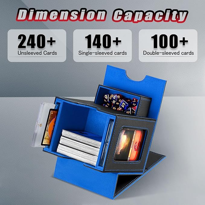 Card Deck Box for MTG with Commander Display Fits 100 Double-Sleeved Cards, Deck Case for EDH/TCG/Sports Cards with 2 Magnetic Card Holders (Black Blue)