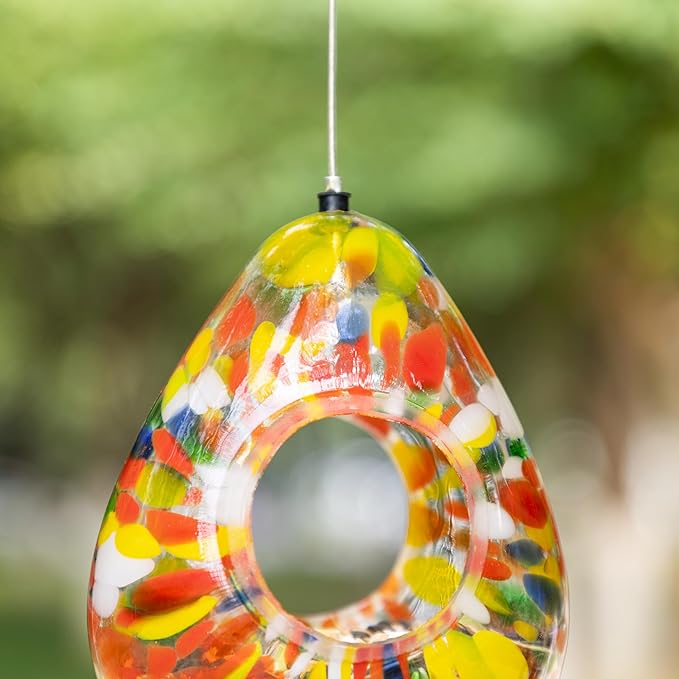 Glitzhome 6.75''H Hanging Glass Birdfeeder,Water Drop Fly Through Wild Bird Feeders for Outdoors,Orange Dots Glass Bird Feeders for Garden, Yard, Backyard, Deck and Porch Decor
