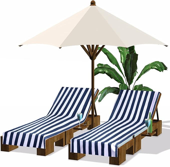 Fumete 2 Pack Lounge Chair Covers 30 x 85 Inch Pool Chaise Lounge Towels Microfiber Beach Chair Towel Portable Striped Outdoor Patio Furniture Cover for Sunbathing Picnic Spa(Navy Blue)