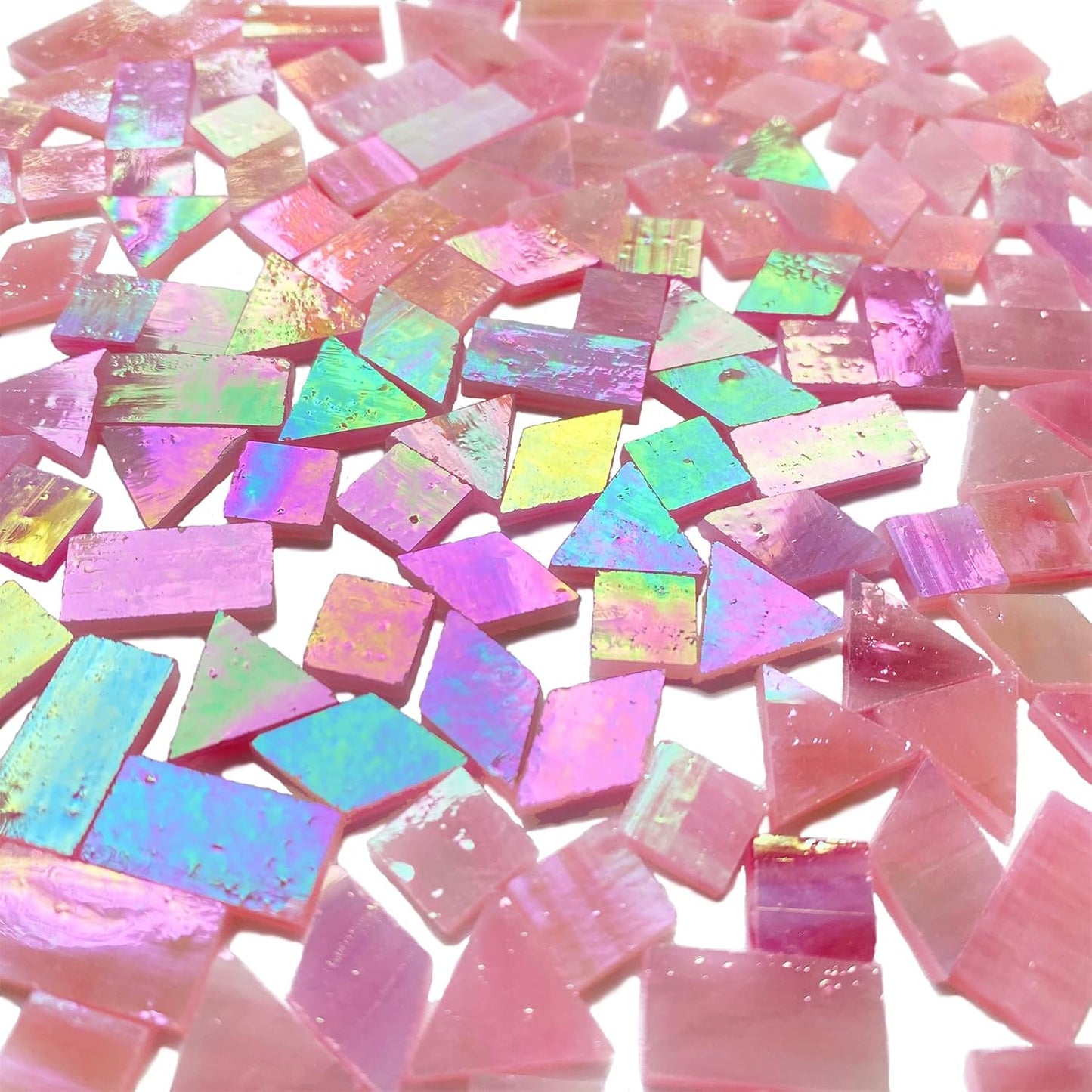 Magic Iridescent Pink Stained Glass Mosaic Tiles for Crafts, 280 Pieces Mixed 4 Shapes Stained Glass Sheets Pieces for Mosaics