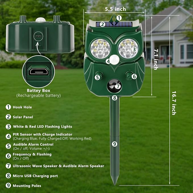 2 Pack 2026 Ultrasonic Animal Repellent Outdoor Deer Repellent Devices Solar Animal Repeller Motion Activated Deterrent to Scare Cat Squirrel Rabbit Raccoon Skunk with LED Flash Lights for Yard Lawns