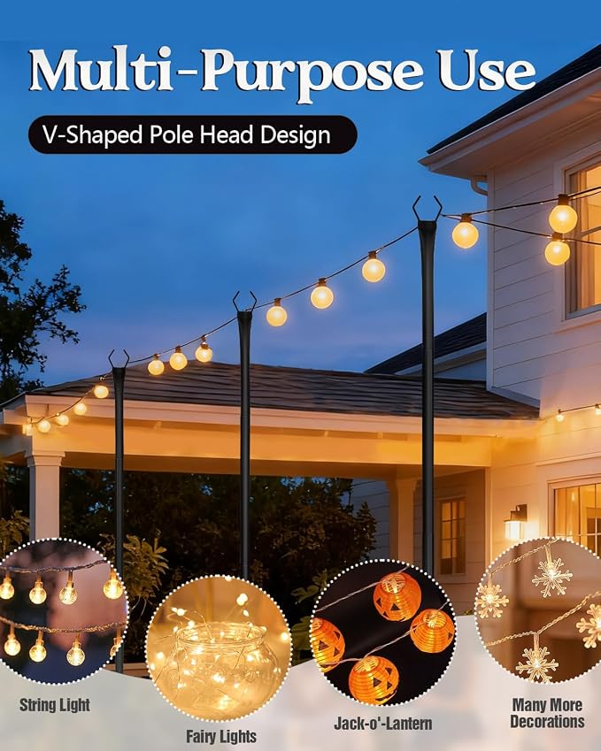 Breeze Touch 4-Pack 10 Ft Reinforced String Light Poles for Outdoor Use, Heavy-Duty Metal Poles with V-Fork Tops for Patio, Deck, Backyard, Garden, Wedding, Party