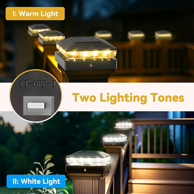 KEILAIMO Solar Post Cap Lights Outdoor, 12 Pack Upgraded Waterproof Deck Fence Post Solar Lights for 3.5x3.5 4x4 5x5 Vinyl/Wood Posts, 10-12 Hours Warm/Cool White Glow for Garden/Patio/Porch - Black