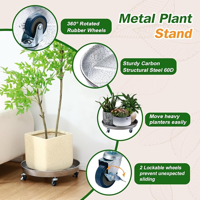 Planterhoma 3 Packs 18 Inch Metal Plant Caddy with Wheels Extra-Large Rolling Plant Stand Heavy-Duty Iron Plant Dolly Casters for Indoor Outdoor Flower Pot Mover Roller Coasters, Silver-Black