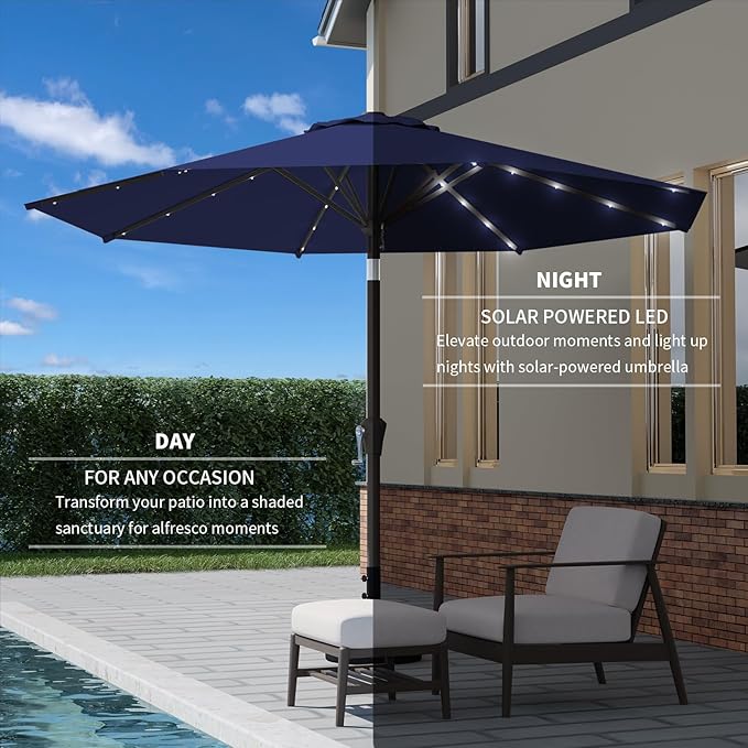 9FT Patio Umbrella with Solar Lights,Outdoor Market Umbrella with Tilt and Crank, LED Lighted Table Umbrella for Garden,Deck,Backyard,Pool,Beach