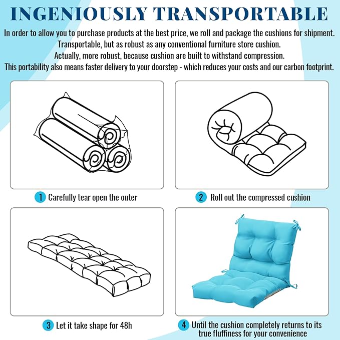 Marsui 4 Pcs Outdoor Indoor High Back Chair Cushions Patio Furniture Tufted Pillow with Ties Water-Resistant Replacement Outdoor Rocking Chair Cushions, 42 x 21 Inches (Lake Blue,Solid Color)