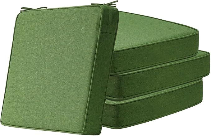 Unimatta Square Corner Seat Cushions, 19" x 19" x 3", Set of 4, Indoor Outdoor Water Repellent Universal Chair Pads with Ties for Patio Furniture, Garden Deck Dining Chairs, Lawn Green