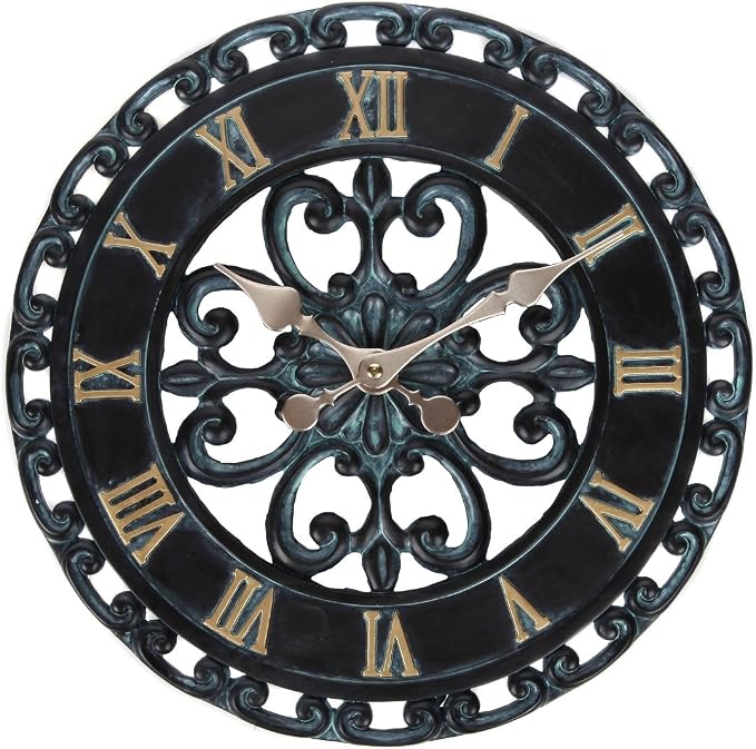 Lily's Home Hanging Verdigris Wall Clock, Ideal for Indoor or Outdoor Use, Makes a Great Housewarming Gift, Black (13.5 Inches)