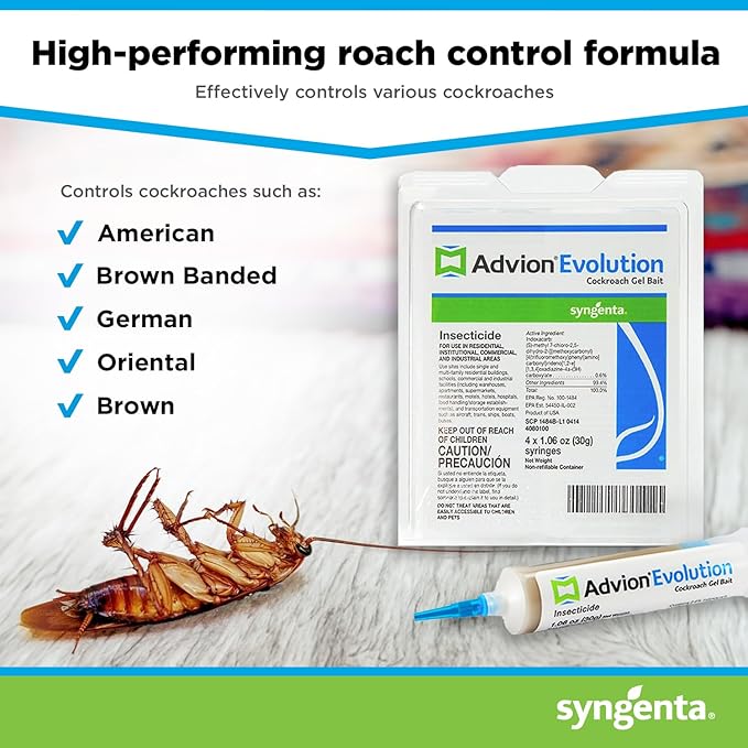 Advion Evolution Cockroach Gel Bait, 4 Tubes x 30-Grams, 1 Plunger and 2 Application Tips, Formulated with Indoxacarb, Enhanced Formulation, Ready-to-Use Roach Killer for Indoor and Outdoor Use