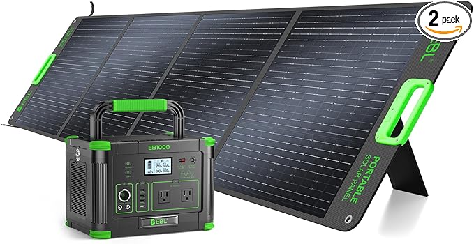 EBL 1000W Portable Power Station (Peak 2000W) with 200W Portable Solar Panel 23.5% High Efficiency Solar Panel, EBL 999Wh Solar Generator Kit for Camping, RV, Home Backup, Outdoor Adventures