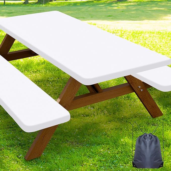 Smiry Picnic Table Cover with Bench Covers, Waterproof Elastic Fitted Polyester Tablecloths for 5 Ft Rectangle Tables, Washable Windproof Tablecloth for Camping, RV & Outdoor (White, 30x60 Inches)