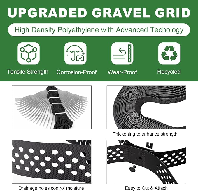 Gravel Grid 2'' Depth with Metal Stakes, 6.6x16.4 FT Geogrid for Gravel Driveway 2200 lbs per Sq FT Erosion Control Ground Grid Gravel Stabilizer Grid for Driveway, Parking Lot, Slope, Walkway, Patio