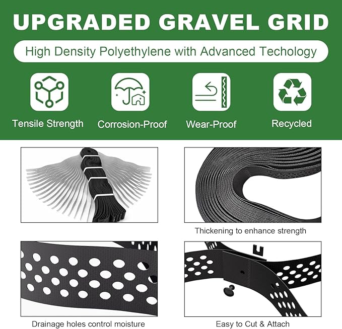 Gravel Grid 2'' Depth with Metal Stakes, 6.6x33 FT Geogrid for Gravel Driveway 2200 lbs per Sq FT Erosion Control Ground Grid Gravel Stabilizer Grid for Driveway, Parking Lot, Slope, Walkway, Patio