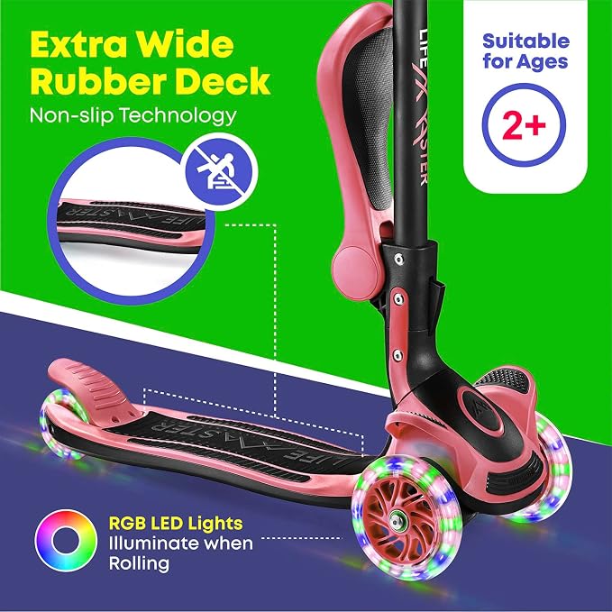 3 Wheel Scooter for Kids with Foldable Seat, Adjustable Handlebar Height, Lean-to-Steer Ride On Toy for Kids Ages 2+, Light-Up LED Wheels, Wide Anti Slip Deck, Indoor & Outdoor Use