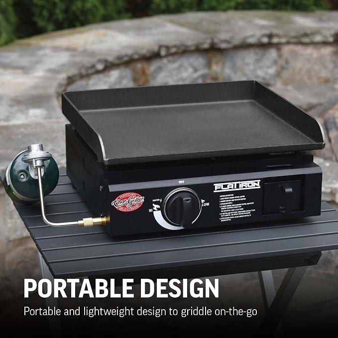 Char-Griller® Flat Iron 1-Burner Portable Propane Gas Flat-Top Griddle with Steel Griddle Top, Includes Electronic Ignition, 265 Cooking Square Inches in Black, Model E8217