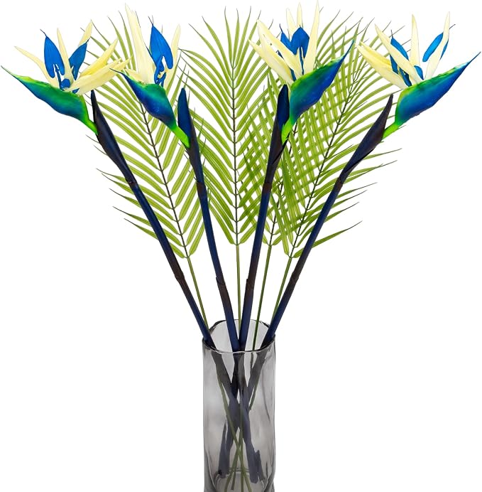 8 PCS Bird of Paradise Artificial Plant Combo Palm Leaves,4 Faux Bird of Paradise Plant with 4 Artificial Palm Leaves for Wedding Garden Office Home Indoor and Outdoor Decor(Blue)