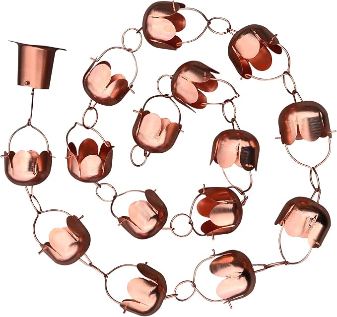 Pure Copper Garden rain Chain-Functional and Decor Replacement for Gutter Downspouts. Decor Rain Chime and Fountain. Lotus Design. One Free Adapter. 8.5 ft Length and 3 in Diameter,TF96325