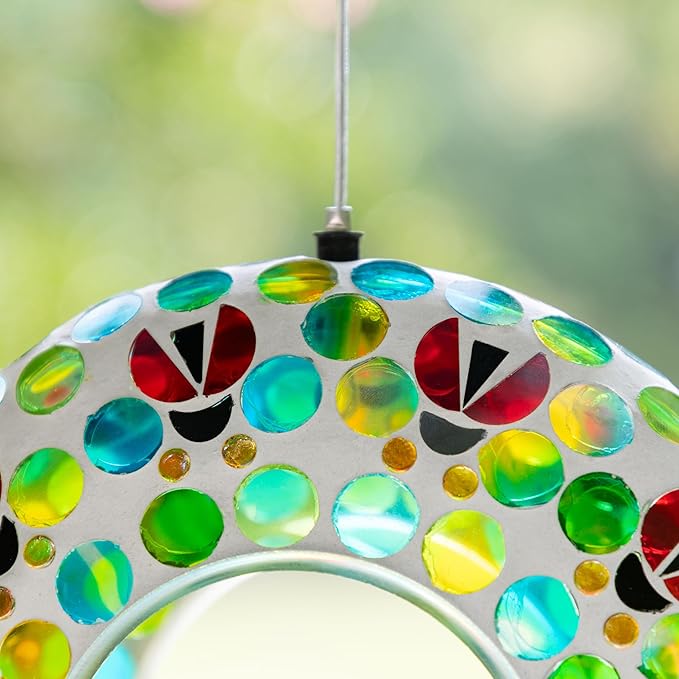 Glitzhome 8''D Mosaic Hanging Bird Feeder, Wild Bird Feeder with Blue/Green Dots & Ladybugs, Fly Through Bird Feeder for Outdoors Garden Yard Patio Deck Porch Decor