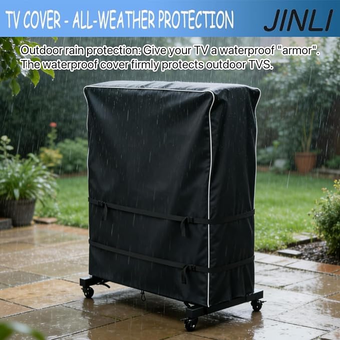 JINLI 55-60 inch outdoor TV trolley cover, courtyard TV cover, Oxford fabric waterproof and dustproof, triple windproof design, compatible with rolling/mobile stand