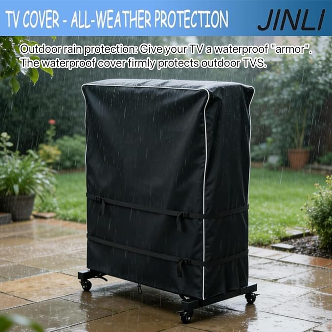 JINLI 38-43 inch outdoor TV trolley cover, courtyard TV cover, Oxford fabric waterproof and dustproof, triple windproof design, compatible with rolling/mobile stand,Black