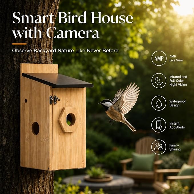 Smart Bird House with Camera, Bamboo Wooden Birdhouse for Outdoor Bird Watching, App Live View, Color Night Vision, Motion Detection, Waterproof Bird Nesting Box