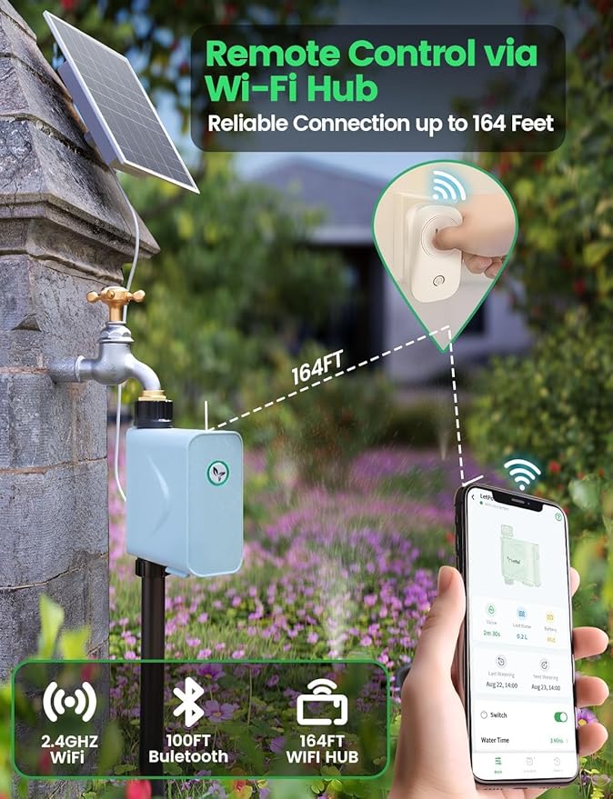 LetPot Smart WiFi Water Timer for Garden Hose Faucet, [Solar-Powered 365Days Uninterrupted Power] Sprinkler Timer Outdoor Programmable,WiFi Hub & Type-C & 5W 6000mAh Portable Solar Panels