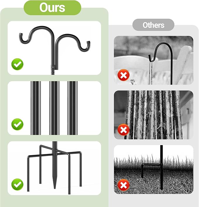 Double Shepherds Hooks for Outdoor, 76" Heavy Duty Bird Feeder Pole with 5 Prong Base, Adjustable Shepherds Hook for Bird feeders Outside, Garden, Weddings, Hanging Plants, 1 Pack, Black