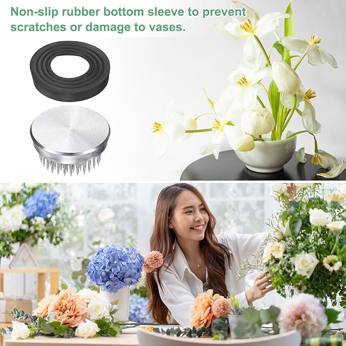 M METERXITY 2-Pack Flower Frog 1.57" Round Steel Floral Arranger Pins Ikebana Holder W Rubber Base for Flower Arrangements/Craft Plant/Home Decor, Floral Kenzan Fixed Tool [1.1cm Pins]