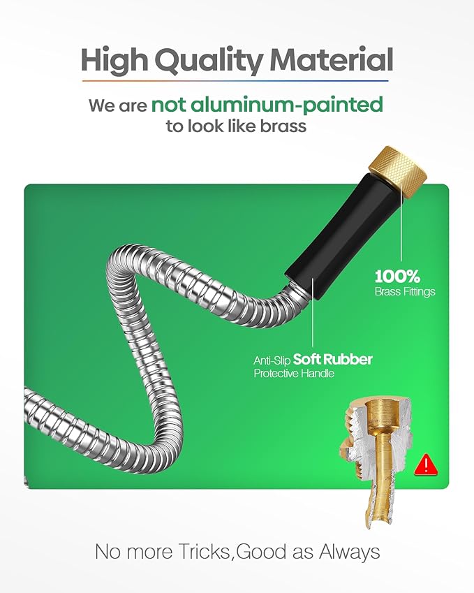 Non-Expandable Metal Garden Hose 100 Feet with Sprayer Nozzle, Flexible, No Kinking, Lightweight & Heavy Duty Water Pipe, Stainless Steel Outdoor Water Hose for Yard 100 ft, Male to Female Connector