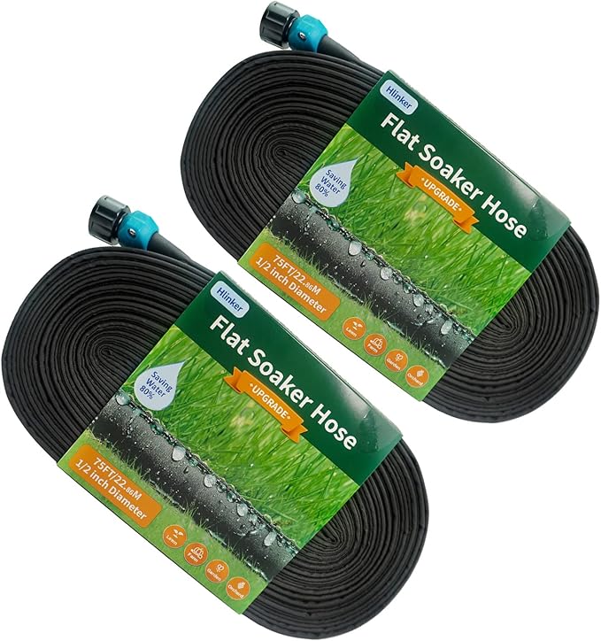 Hlinker Flat Soaker Hose 75 150 FT for Garden Beds, 150FT 1/2" Linkable Consistent Drip Irrigation Hose Save 80% Water, Leakproof Heavy Duty Double Layer Sprinkler Hose