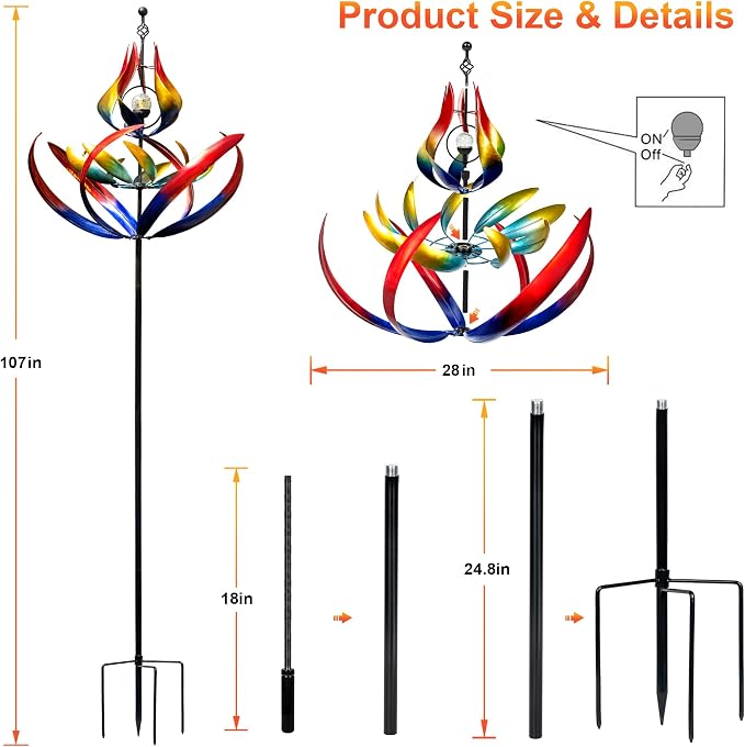 106" Solar Wind Spinners Outdoor Large Metal - Kinetic Wind Sculptures with Crackle Glass LED Globe, Heavy Duty Garden Decor for Outside Lawn Patio, Stable Stake Windmill Yard Art Gifts