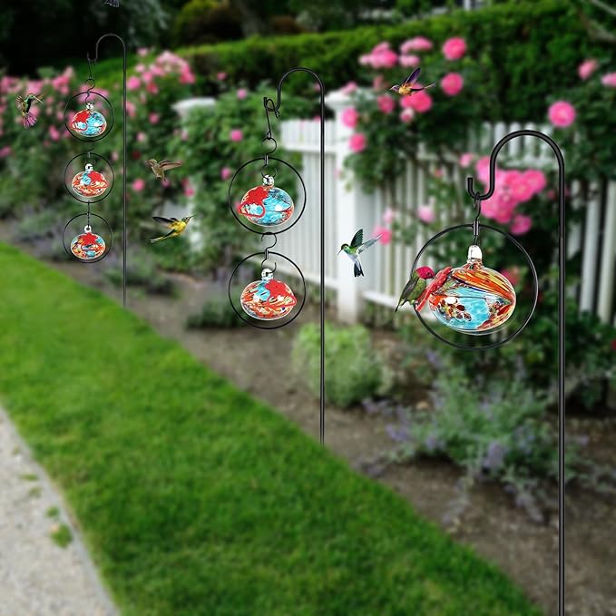Headak Life Flexible 6-Circular Hummingbird feeders for Outdoors Hanging Ant and Bee Proof,Hand Blown Glass Hummingbird Feeder with 6 Adjustable Silicone Perch(Blue)