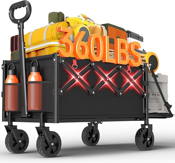 360LBS Collapsible Wagons Carts Foldable, 120L Heavy Duty Folding Beach Wagon Cart with Wheels and Tailgate, Portable Utility Outdoor Wagon for Grocery, Shopping, Garden, Sports, Camping