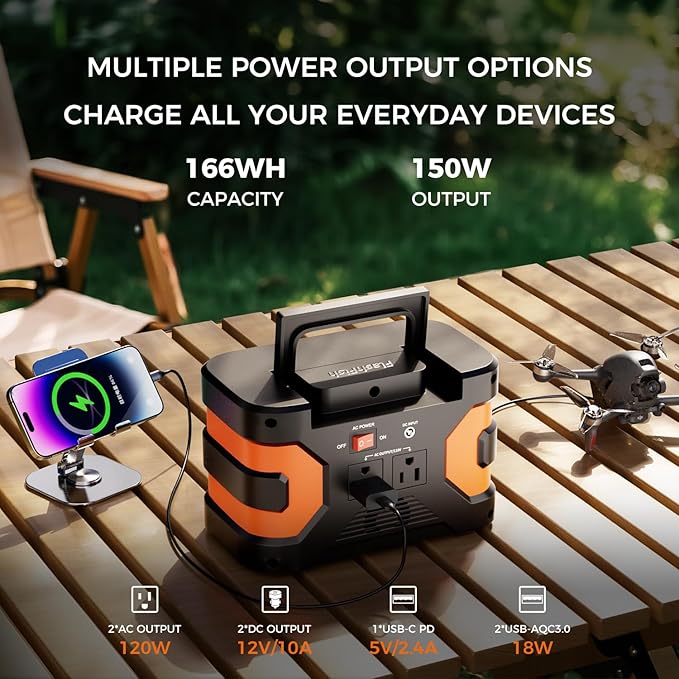 FF FLASHFISH 166Wh Portable Power Station, 150W Solar Generator with AC/Quick Charge USB/DC Outputs, Backup Power Battery Pack for Camping, CPAP, Travel, Home Emergency